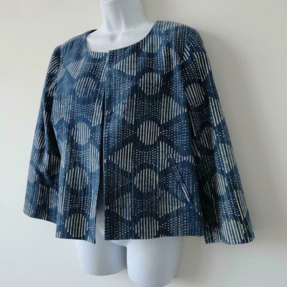 NWT EILEEN FISHER Indigo Hand Printed Cotton 3/4 Sleeve Open Jacket Medium, XL - Picture 2 of 7